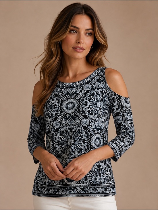 White House Black Market Dresses & Skirts - White House Black Market Black and White Patterned Top Size Medium Cold Shoulder
